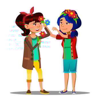 Two Asian Girls Decorate Themselves With Flowers For Festival Of Spring And Flowers Vector. Isolated Illustration vector