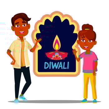 Happy Indian Children In Turban With Diwali Banner Vector. Isolated Illustration vector