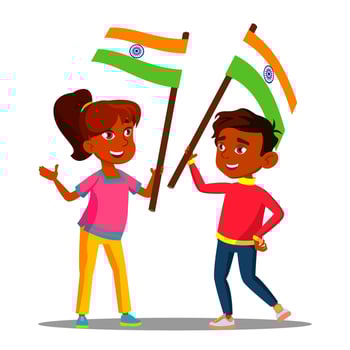 Happy Indian Kids Waving Flags Of India On Independence Day Vector. Isolated Illustration vector