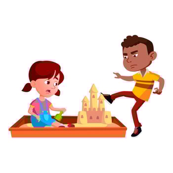 Aggressive Boy Destroying Girl Sandy Castle Vector