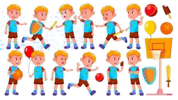 Boy Kindergarten Kid Poses Set Vector. Happy Children Character. Babysitting. For Advertisement, Greeting, Announcement Design. Isolated Cartoon Illustration vector