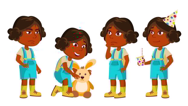 Indian Girl Kindergarten Kid Poses Set Vector. Hindu. Playing With Hare Toy. Active, Joy Preschooler. For Presentation, Print, Invitation Design. Isolated Cartoon Illustration vector