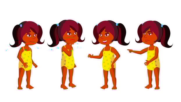 Indian Girl Kindergarten Kid Poses Set Vector. Hindu. Undressed. Summer Vacation. Beach, Pool, Water Park. For Presentation, Print, Invitation Design. Isolated Cartoon Illustration vector