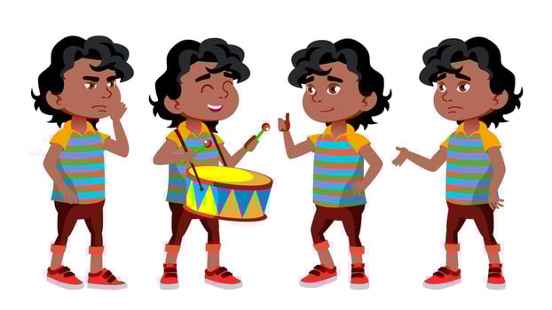 Black, Afro American Boy Kindergarten Kid Poses Set Vector. Character Playing. Childish. Casual Clothe. For Presentation, Print, Invitation Design. Isolated Cartoon Illustration vector
