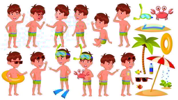 Boy Kindergarten Kid Poses Set Vector. Preschool, Childhood. Smile. Undressed. Summer Vacation. Water Park, Pool, Beach. For Web, Poster, Booklet Design. Isolated Cartoon Illustration vector