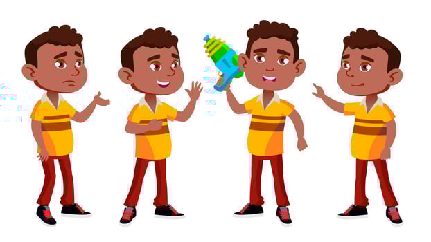 Black, Afro American Boy Kindergarten Kid Poses Set Vector. Preschool. Young Person. Cheerful. Water Gun. For Web, Brochure, Poster Design. Isolated Cartoon Illustration vector