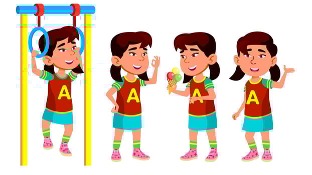 Asian Girl Kindergarten Kid Poses Set Vector. Playground. Playful Positive Small Baby. For Presentation, Print, Invitation Design. Isolated Cartoon Illustration vector