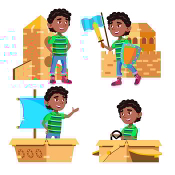 Black, Afro American Boy Kindergarten Kid Poses Set Vector. Cardboard Box Toy. Emotional Character Playing. Playground. For Presentation, Invitation, Card Design. Isolated Cartoon Illustration vector