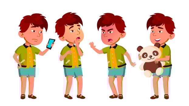 Asian Boy Kindergarten Kid Poses Set Vector. Caucasian Child Expression. Activity. For Banner, Flyer, Web Design. Isolated Cartoon Illustration vector