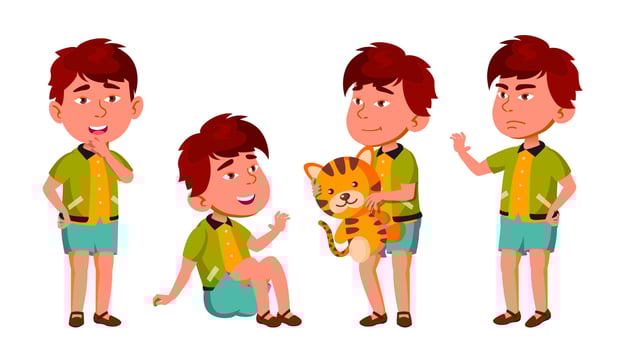 Asian Boy Kindergarten Kid Poses Set Vector. Friendly Little Children. Cute, Comic. For Web, Brochure, Poster Design. Isolated Cartoon Illustration vector