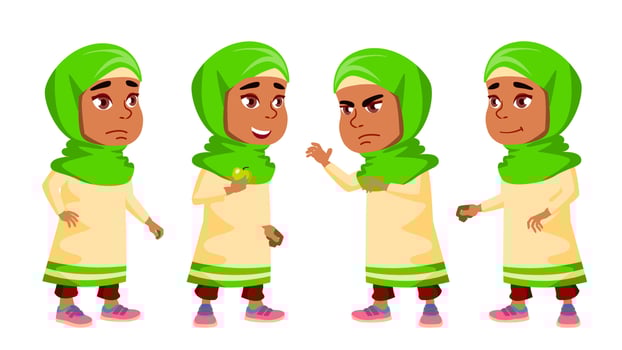 Arab, Muslim Girl Kindergarten Kid Poses Set Vector. Friendly Little Children. Cute, Comic. For Web, Brochure, Poster Design. Isolated Cartoon Illustration vector