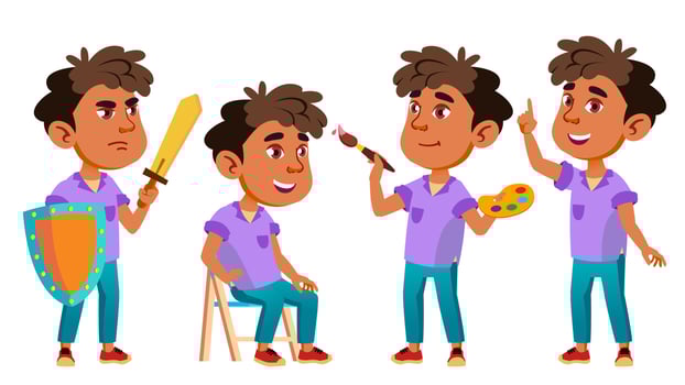 Arab, Muslim Boy Kindergarten Kid Poses Set Vector. Preschool, Childhood. Smile. Toys. For Web, Poster, Booklet Design. Isolated Cartoon Illustration vector