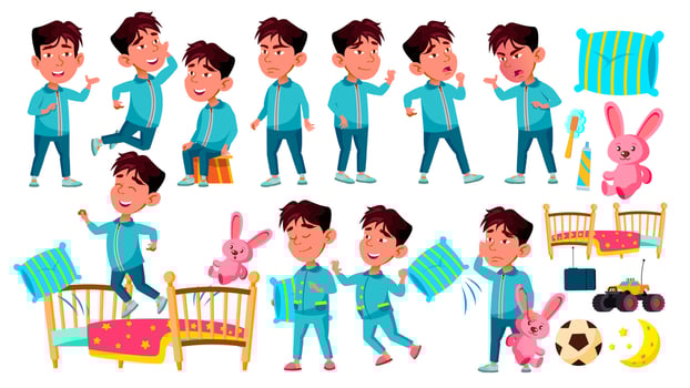 Asian Boy Kindergarten Kid Poses Set Vector. Sleep, Bedroom. Pillow,Toy. Preschool, Childhood. Smile. Toys. For Web, Poster, Booklet Design. Isolated Cartoon Illustration vector