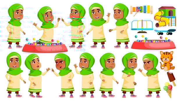 Arab, Muslim Girl Kindergarten Kid Poses Set Vector. Caucasian Child Expression. Activity. For Banner, Flyer, Web Design. Isolated Cartoon Illustration vector