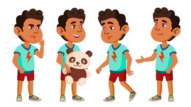 Arab, Muslim Boy Kindergarten Kid Poses Set Vector. Active, Joy Preschooler Playing. For Presentation, Print, Invitation Design. Isolated Cartoon Illustration vector