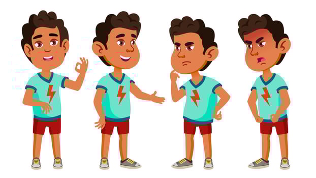 Arab, Muslim Boy Kindergarten Kid Poses Set Vector. Friendly Little Children. Cute, Comic. For Web, Brochure, Poster Design. Isolated Cartoon Illustration vector