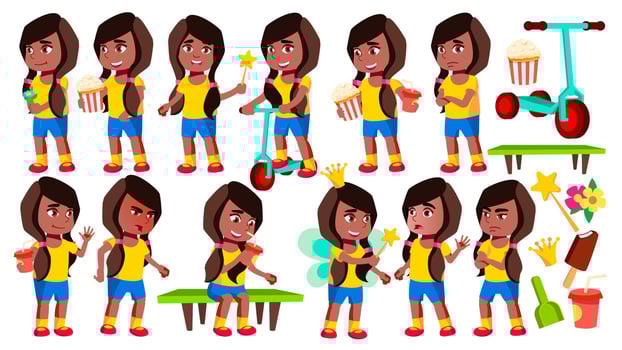 Girl Kindergarten Kid Poses Set Vector. Black. Afro American. Baby Expression. Preschooler. For Card, Advertisement, Greeting Design. Isolated Cartoon Illustration vector