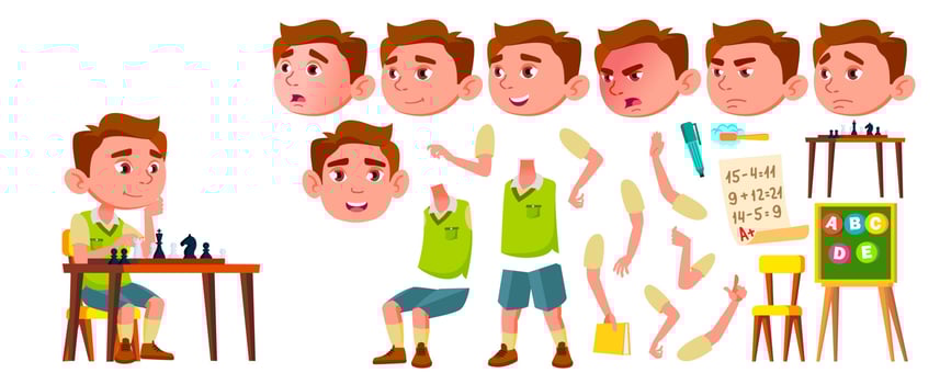 Boy Kindergarten Kid Vector. Animation Creation Set. Face Emotions, Gestures. Caucasian Child Expression. Activity. For Web, Poster, Booklet Design. Animated. Isolated Cartoon Illustration vector