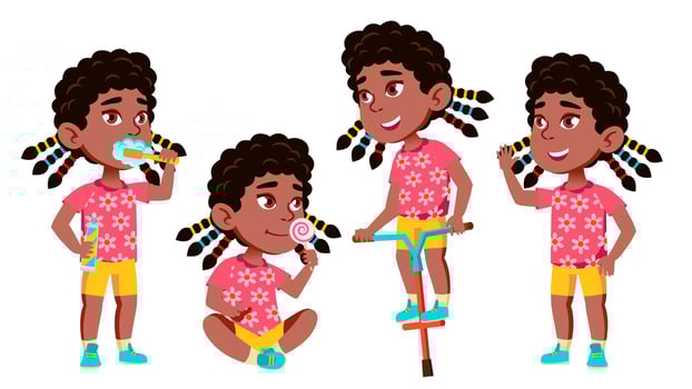 Girl Kindergarten Kid Poses Set Vector. Black. Afro American. Happy Beautiful Children Character. For Advertising, Booklet, Placard Design. Isolated Cartoon Illustration vector