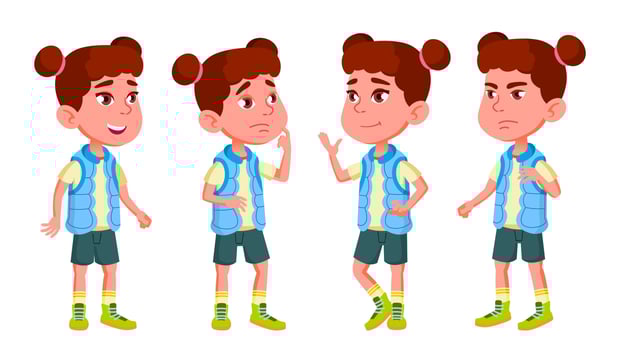 Girl Kindergarten Kid Poses Set Vector. Character Playing. Childish. Casual Clothe. For Presentation, Print, Invitation Design. Isolated Cartoon Illustration vector
