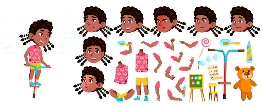 Girl Kindergarten Kid Vector. Black. Afro American. Animation Creation Set. Face Emotions, Gestures. Active, Joy Preschooler Playing. For Postcard, Cover, Placard Design. Animated. Illustration vector