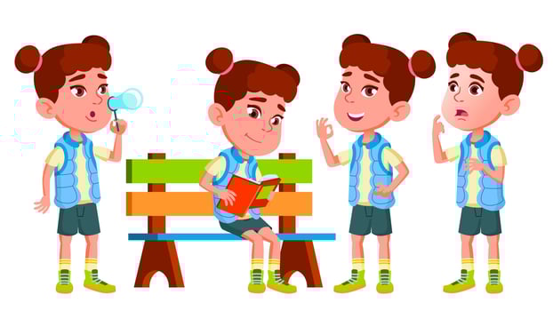 Girl Kindergarten Kid Poses Set Vector. Little Children. Happiness Enjoyment. For Web, Brochure, Poster Design. Isolated Cartoon Illustration vector