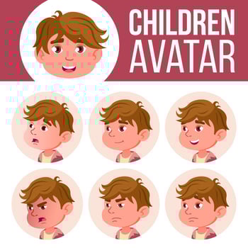 Boy Avatar Set Kid Vector. Kindergarten. Face Emotions. Cartoon, Comic, Flat. Little, Cute, Comic. Postcard, Announcement. Cartoon Head Illustration vector