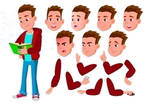 Boy, Child, Kid, Teen Vector. Beautiful. Youth, Caucasian. Face Emotions, Various Gestures. Animation Creation Set. Isolated Flat Cartoon Character Illustration vector