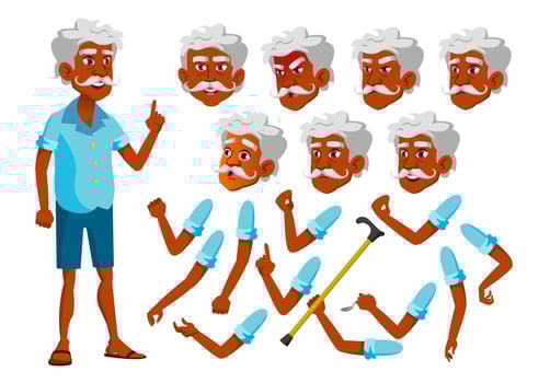 Indian Old Man Vector. Senior Person. Aged, Elderly People. Leisure, Smile. Face Emotions, Various Gestures. Animation Creation Set. Isolated Flat Cartoon Character Illustration vector
