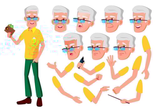Old Man Vector. Senior Person. Aged, Elderly People. Face Emotions, Various Gestures. Animation Creation Set. Isolated Flat Cartoon Character Illustration vector
