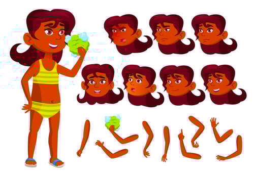 Indian Teen Girl Vector. Hindu In Water Park, Beach, Pool. Lifestyle. Face Emotions, Various Gestures. Animation Creation Set. Isolated Flat Cartoon Character Illustration vector