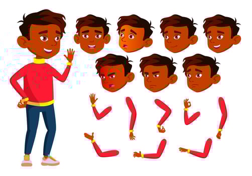 Indian Boy, Child, Kid, Teen Vector. Happy Childhood. Hindu. Face Emotions, Various Gestures. Animation Creation Set. Isolated Flat Cartoon Character Illustration vector