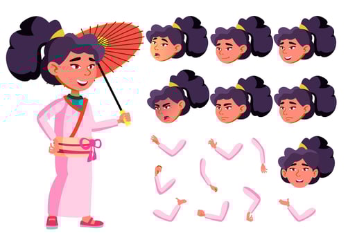 Asian Teen Girl Vector. Teenager. With Umbrella. Emotional, Pose. Face Emotions, Various Gestures. Animation Creation Set. Isolated Flat Cartoon Character Illustration vector