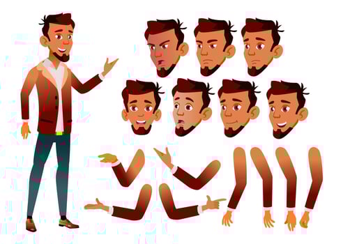 Arab, Muslim Teen Boy Vector. Teenager. Beauty, Lifestyle. Face Emotions, Various Gestures. Animation Creation Set. Isolated Flat Cartoon Character Illustration vector