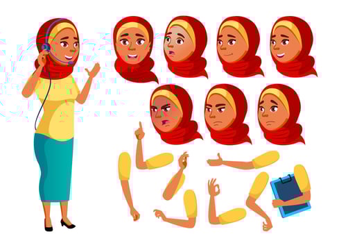 Arab, Muslim Teen Girl Vector. Teenager. Funny. Online Consultant. Worker. Face Emotions, Various Gestures. Animation Creation Set. Isolated Flat Cartoon Character Illustration vector