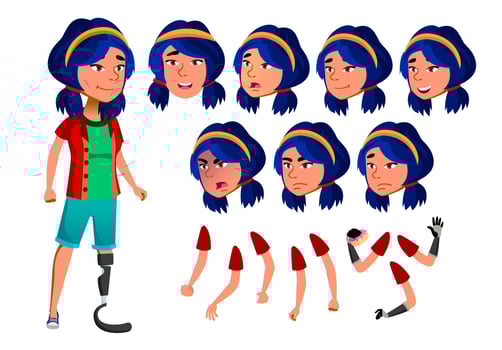 Asian Teen Girl Vector. Amputation, Prosthesis. Activity, Beautiful. Emotions, Gestures. Health Concept. Cyborg, Hybrid. Animation Creation Set. Isolated Flat Cartoon Character Illustration vector