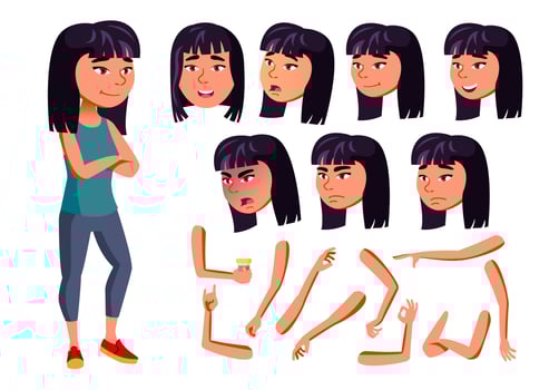 Asian Teen Girl Vector. Teenager. Active, Expression. Fitness, Sport, Figure, Health. Face Emotions, Various Gestures. Animation Creation Set. Isolated Flat Cartoon Character Illustration vector