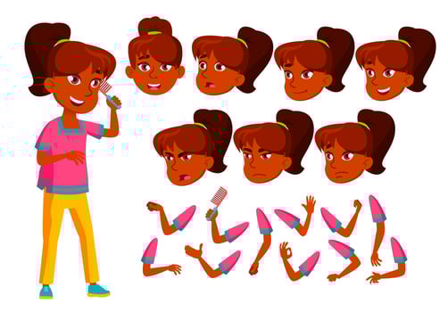 Indian Teen Girl Vector. Teenager. Cute, Comic. Joy. Face Emotions, Various Gestures. Animation Creation Set. Isolated Flat Cartoon Character Illustration vector