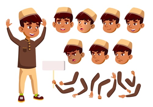 Arab, Muslim Boy, Child, Kid, Teen Vector. Teenager, Education. Face Emotions, Various Gestures. Animation Creation Set. Isolated Flat Cartoon Character Illustration vector