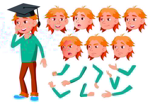 Girl, Child, Kid, Teen Vector. Casual Clothes. Positive. Face Emotions, Various Gestures. Animation Creation Set. Isolated Flat Cartoon Character Illustration vector