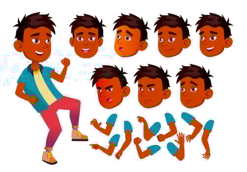 Indian Teen Boy Vector. Teenager. Fun, Cheerful. Face Emotions, Various Gestures. Animation Creation Set. Isolated Flat Cartoon Character Illustration vector