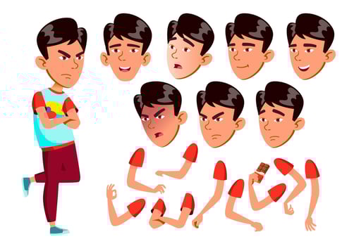Asian AsianTeen Boy Vector. Teenager. Face. Children. Face Emotions, Various Gestures. Animation Creation Set. Isolated Flat Cartoon Character Illustration vector