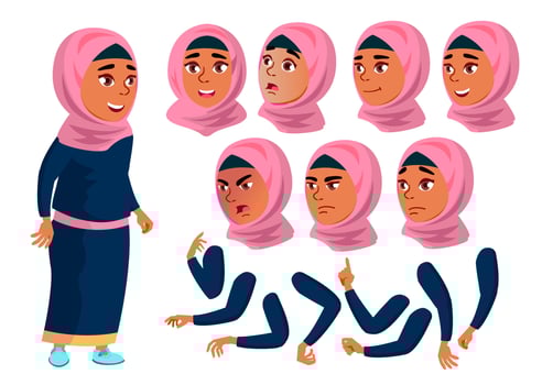 Arab, Muslim Teen Girl Vector. Teenager. Positive. Face Emotions, Various Gestures. Animation Creation Set. Isolated Flat Cartoon Character Illustration vector