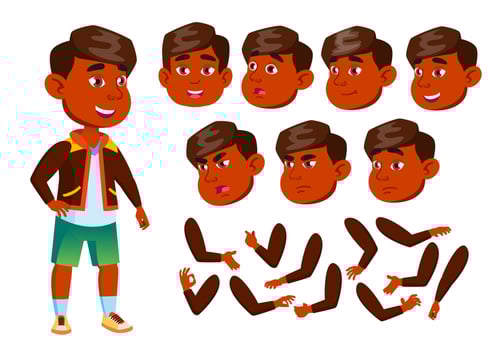 Indian Boy, Child, Kid, Teen Vector. Cheerful Pupil. Face Emotions, Various Gestures. Animation Creation Set. Isolated Flat Cartoon Character Illustration vector