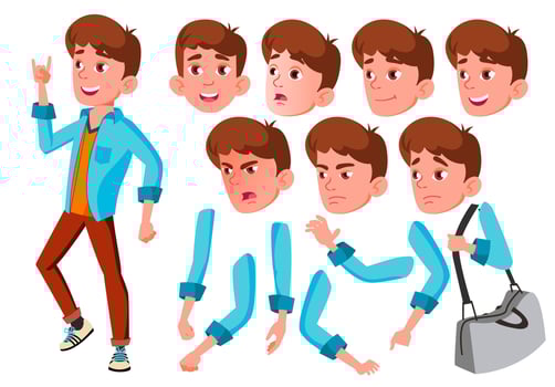 Teen Boy Vector. Teenager. Caucasian, Positive. Face Emotions, Various Gestures. Animation Creation Set. Isolated Flat Cartoon Character Illustration vector
