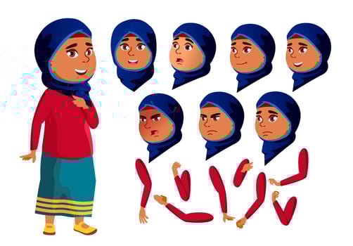 Arab, Muslim Teen Girl Vector. Teenager. Face. Children. Face Emotions, Various Gestures. Animation Creation Set. Isolated Flat Cartoon Character Illustration vector