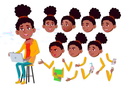 Teen Girl Vector. Teenager. Black. Afro American. Friends, Life. Emotional, Pose. Face Emotions, Various Gestures. Animation Creation Set. Isolated Flat Cartoon Character Illustration vector