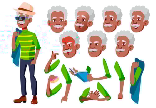 Old Man Vector. Senior Person. Black. Afro American. Aged, Elderly People. Adult People. Casual. Face Emotions, Various Gestures. Animation Creation Set. Isolated Flat Cartoon Character Illustration vector