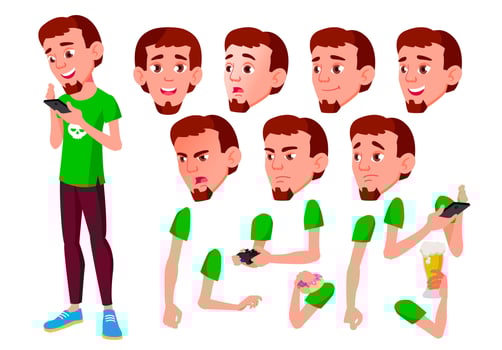 Teen Boy Vector. Teenager. Active, Expression. Face Emotions, Various Gestures. Animation Creation Set. Isolated Flat Cartoon Character Illustration vector