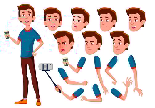 Teen Boy Vector. Teenager. Face. Children. Face Emotions, Various Gestures. Animation Creation Set. Isolated Flat Cartoon Character Illustration vector
